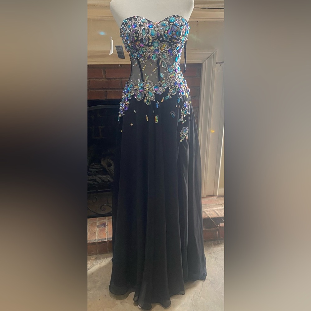 Rachel Allan Black Dress with Multicolor Embellishments